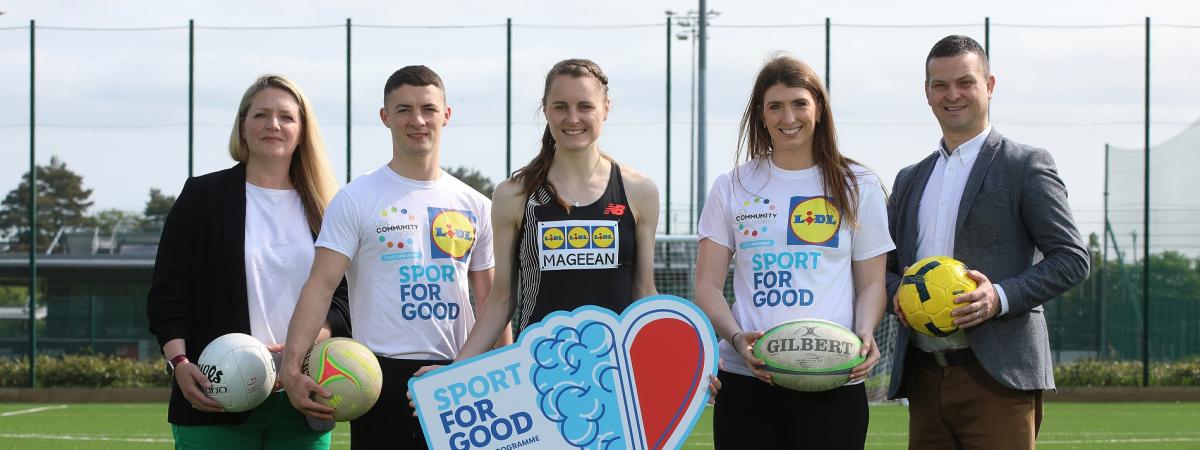Pictured (left to right) are; Youth Sport Trust Development Manager Louise Gray, World Champion gymnast Rhys McClenaghan, European Championship 1500 metre silver medallist Ciara Mageean, six-time Paralympic gold medallist swimmer Bethany Firth OBE, and Lidl Northern Ireland Sales Operations Director Gordon Cruikshanks.