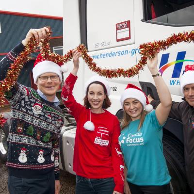 Andy Nisbet, Business in the Community; Julie Harvey, Action for Children; Rosie Forsythe, Cancer Focus and Paul Yathindran, Henderson Group call for businesses to support the Cares @ Christmas 2017 campaign – donating toys and gifts for children, or helping to wrap and sort gifts.