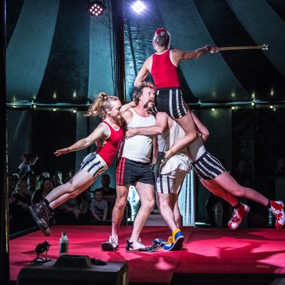Tumble Circus performers create a stunning moving human pyramid. 