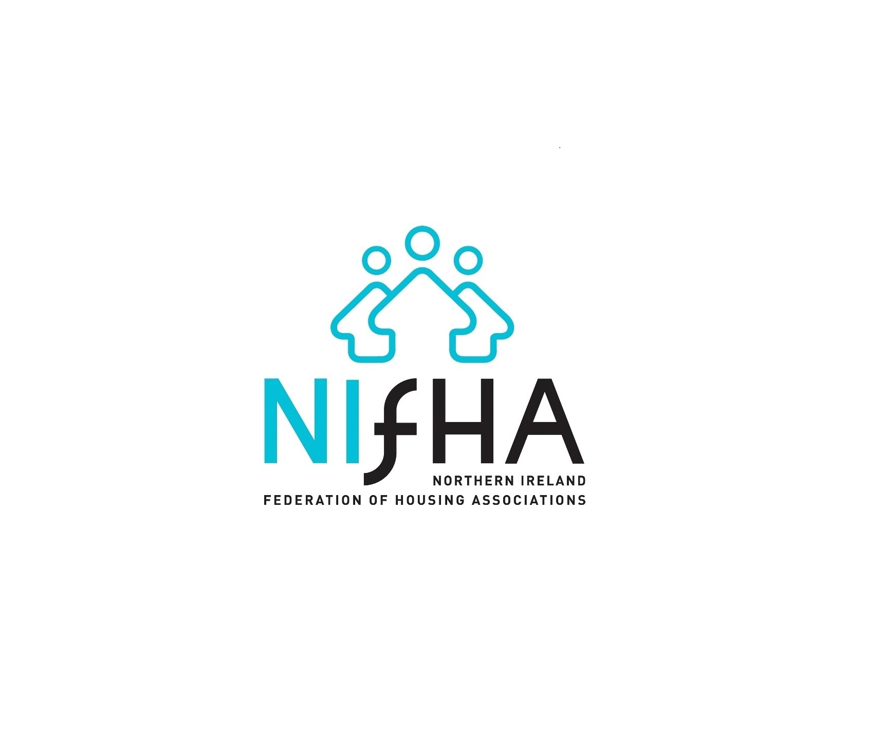 NIFHA in blue and black text with Northern Ireland Federation of Housing Associations in Black text and blue roof / people shape on white rectangle background