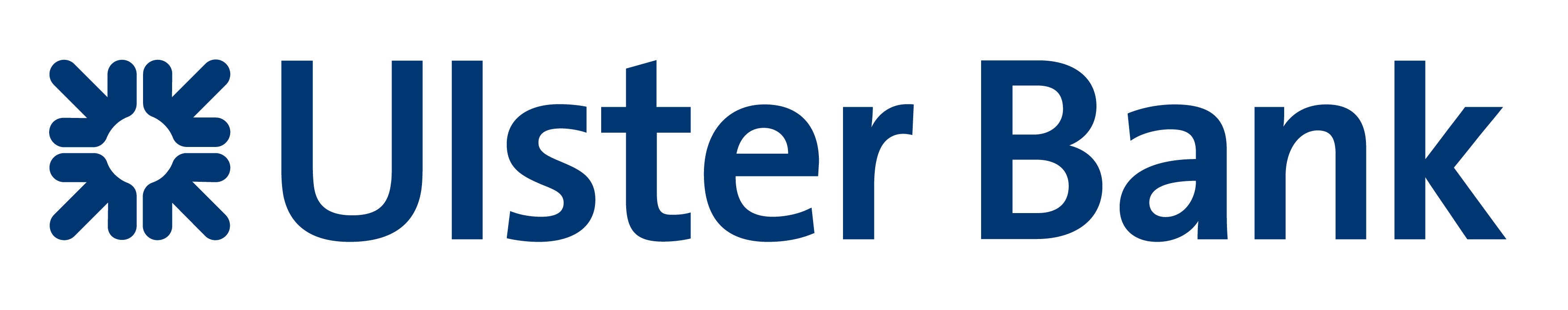 Dark blue text reading Ulster Bank with graphic logo on white background