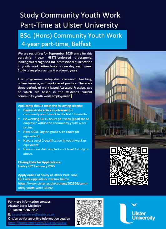 Recruitment poster showing image of Belfast Campus (Glass fronted multi story building)