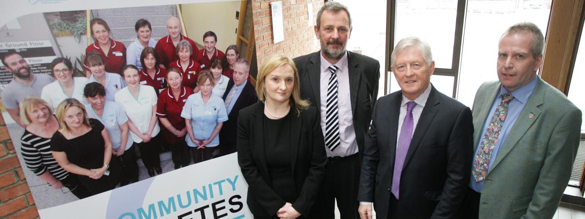 Launching the new Belfast community diabetes service for people with type 2 diabetes are (second left) Richard Pengelly, Permanent Secretary of the Department of Health, with Dr Ian Clements, chair of the Health and Social Care Board, Dr Glynis Magee, community consultant diabetologist, Belfast Trust, and GP and chair of the South Belfast Integrated Care Partnership, Dr Martin Cunningham (right).