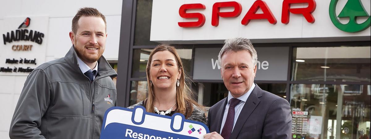 Business in the Community is encouraging businesses across Northern Ireland to share their ‘good’ business stories during Responsible Business Week (#RBweek) which will take place from 23-27 April 2018. Pictured launching Responsible Business Week 2018 is Bronagh Luke, Henderson Group (centre) with Barry Cox, Manager of SPAR Madigans Court (left) and Kieran Harding, Business in the Community (right).