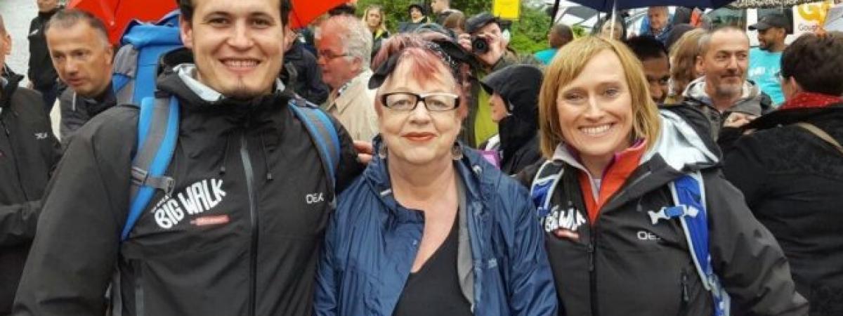 Northern Ireland walkers Olivia and Noel with Comedian and walker Jo Brand at the start of the Great Big Walk 2017 in Batley, Yorkshire
