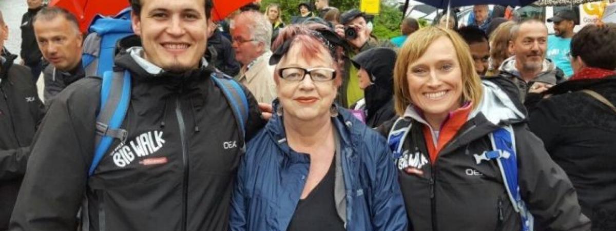 Northern Ireland walkers Olivia and Noel with Comedian and walker Jo Brand at the start of the Great Big Walk 2017 in  Batley, Yorkshire 