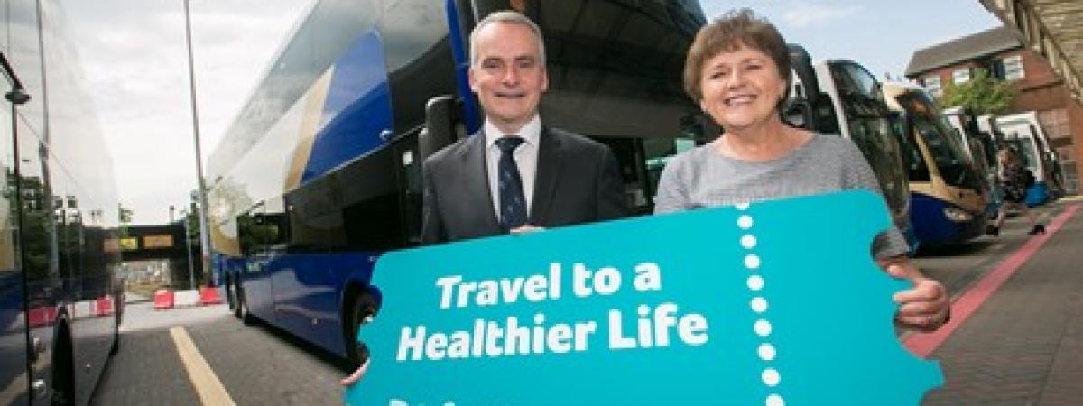 Translink Group Chief Executive Chris Conway and Cancer Focus NI Chief Executive Roisin Foster launch a three year partnership with a new ‘Travel to a Healthier Life’ campaign, ahead of Bus + Train Week (June 4 – 10), to raise awareness about the steps people can take to lower cancer risks.