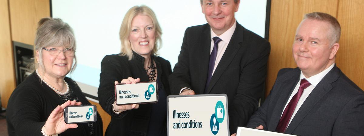 Department of Health Permanent Secretary Richard Pengelly (second right) who launched the online A-Z symptom search on nidirect with Dr Edward O’Neill, consultant medical advisor with the Health and Social Care Board, Karen Mooney, patients group, Royal College of General Practitioners Northern Ireland and Caron Alexander, Department of Finance.