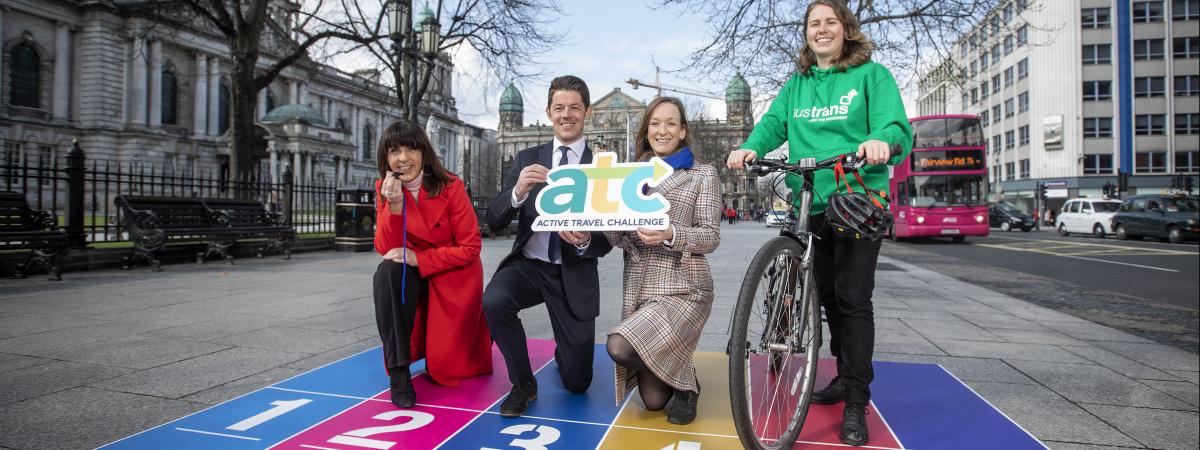Launching the Active Travel Challenge 2019, L to R: Lynda Hurley, DfI, David Tumilty, PHA, Una Carson, Translink & Krysten Maier, Sustrans Active Travel Officer (L~Derry)