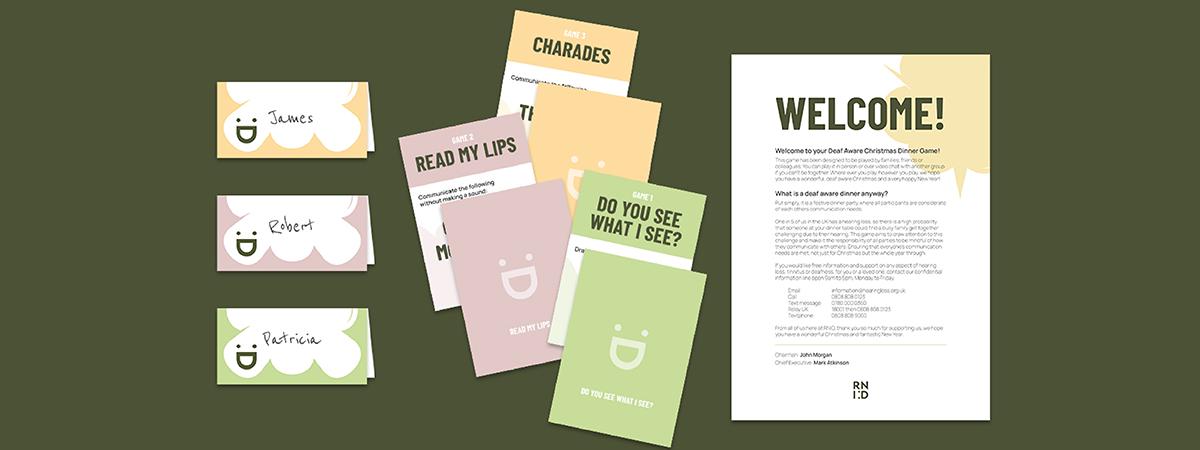 Image shows name tags, a welcome page and cards to explain each game