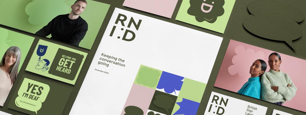 a collection of images showing RNID's new branding in green and pink