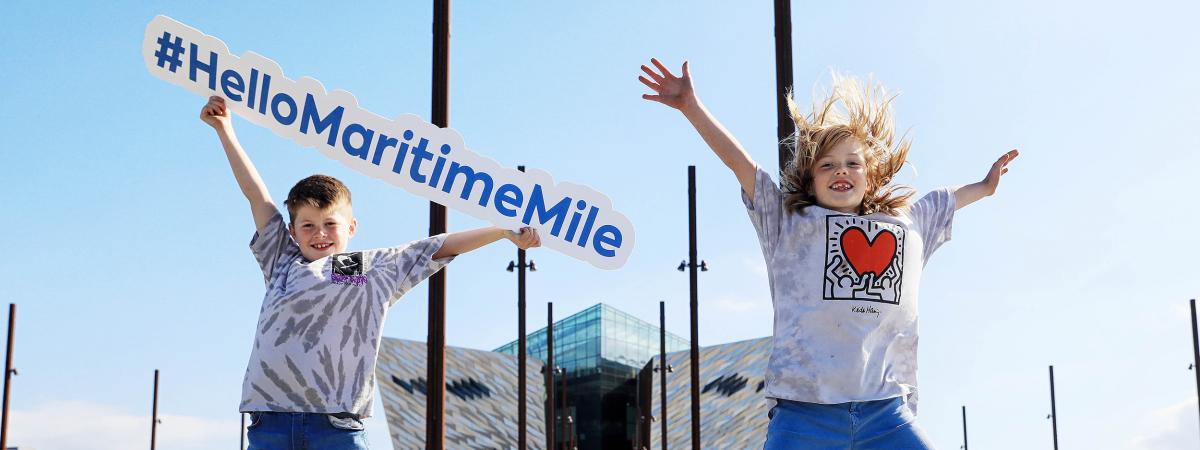 Helping to launch ‘Hello Maritime Mile’ at the Titanic Slipways were, from left, brothers Eden (9) and Finn (8) Harriott.