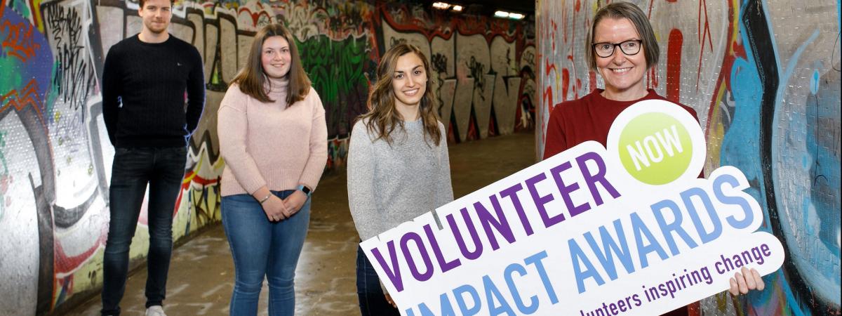 Volunteer Now, the lead organisation for promoting and supporting volunteering across Northern Ireland, is launching its brand-new Volunteer Impact Awards to celebrate the contribution of its young volunteers. Pictured launching the awards are (L-R) young volunteers Chris Chambers, Emma Greer, Eva Moroza and Volunteer Now's Chief Executive, Denise Hayward.