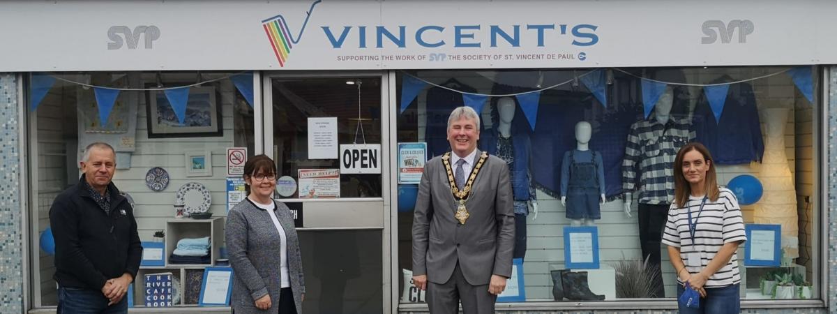Mayor of Causeway Coast and Glens, Cllr Richard Holmes, is pictured during his visit to Vincent’s Cushendall in celebration of Second Hand September, with Eugene Graffin, SVP member, Mary McCurry, SVP Conference President, and Seana Lynn, Vincent’s Shop Manager. www.svp.ie
