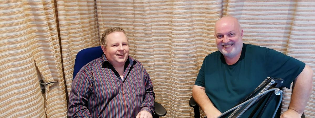 Brendan McKernan of SVP with Bounce FM Presenter Robin Murray discussing how SVP is helping the local community in Banbridge