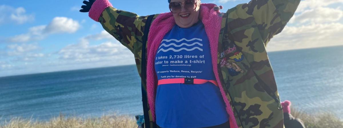 Tracy Scott-Stewart, Shop Manager of Vincent's Kircubbin, celebrates her 100th sea swim at the 'Into the Sea for SVP' event. For help from SVP or to make a donation, please visit www.svpni.co.uk