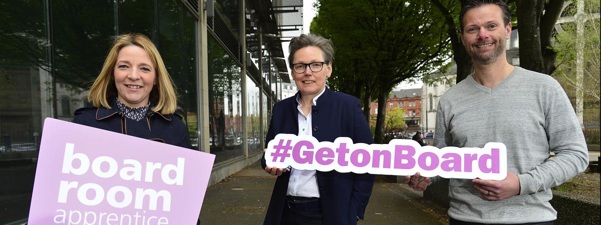 2020 Boardroom Apprentices Jo McGinley (left) and David Esler (right) with founder Eileen Mullan. Boardroom Apprentice 2022 applications open on May 3