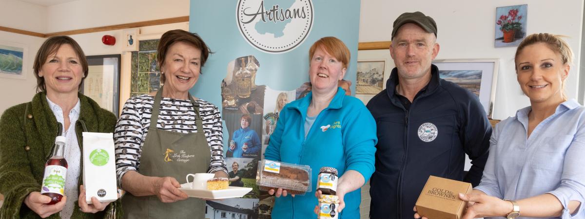 Lough Neagh Artisans members Noreen Van der Velde of Noreen's Nettles, Noeleen Kelly of Lock Keeper's Cottage, Ann Marie Collins of Annie's Delights, Gary McErlain of Lough Neagh's Stories and Angela Patterson of Gold & Browne's launch the first Lough Neagh Artisans Market which will take place at Lock Keeper's Cottage, Toome; on 22 May from 1pm to 5pm. https://loughneaghartisans.com/lough-neagh-artisan-market/