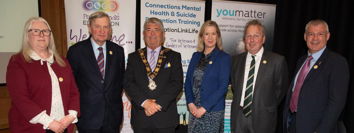 From left, Aine Wallace, Lord Lieutenant David McCorkell, Mayor of Antrim and Newtownabbey Cllr Billy Webb, Liz Brown, Danny Kinahan, John Conaghan