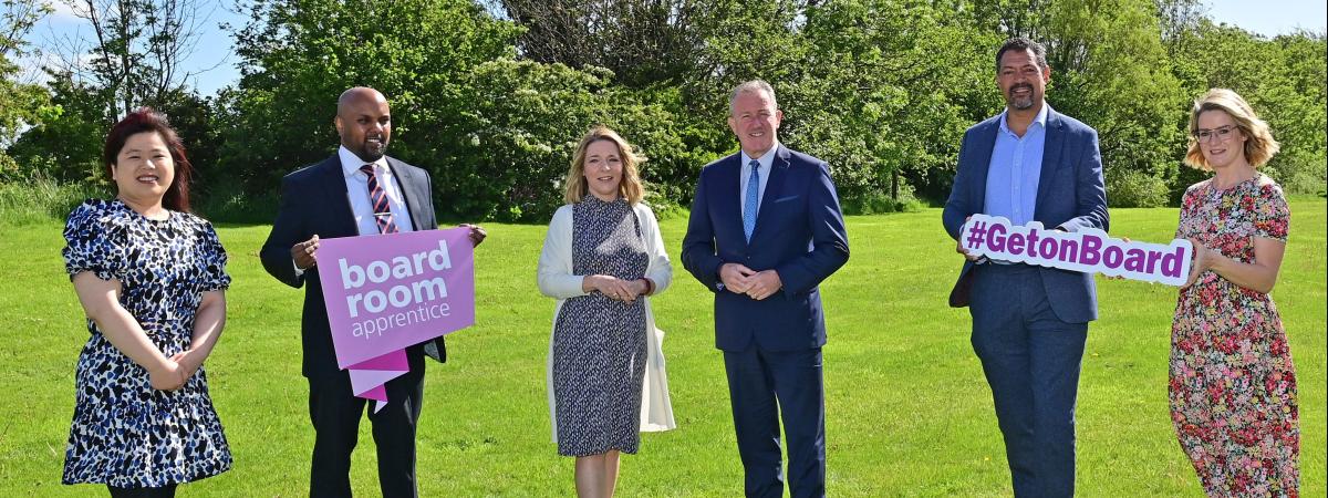 Boardroom Apprentices May Cheung (2019), Nikita Brijpaul (2020), Jo McGinley (2020) Minister of Finance Conor Murphy MLA, David Johnston (2021) and Roisin Kelly (2019) encouraging people to #GetOnBoard by applying for the Boardroom Apprentice programme before applications close on May 24th. Photo by Colm Lenaghan at Pacemaker Press.