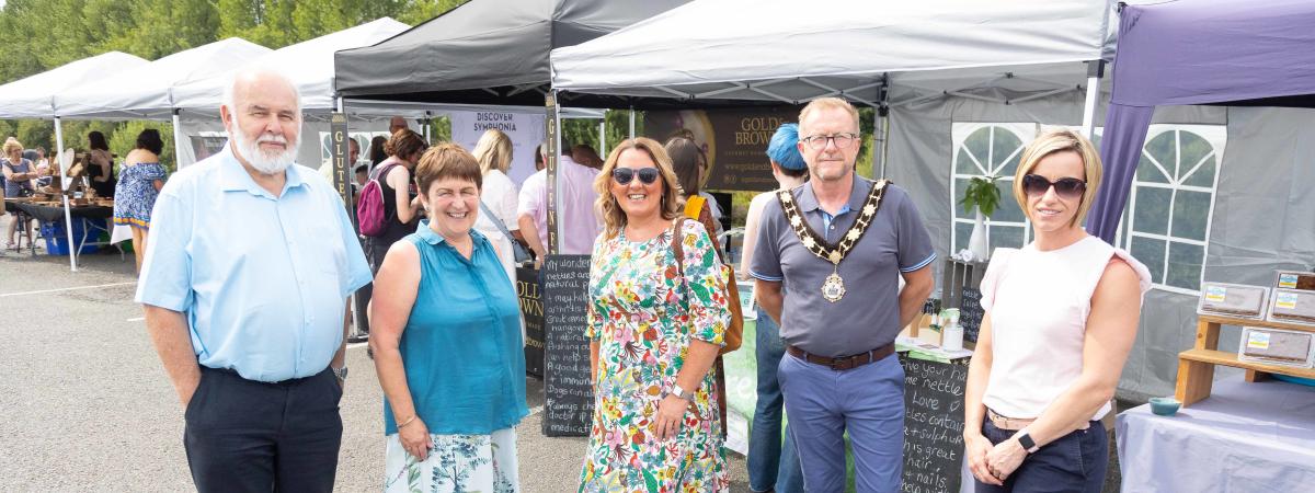 Mayor and Mayoress of Antrim and Newtownabbey, Alderman Stephen Ross and Councillor Paula Bradley, are pictured with Francie Molloy MP, Una Johnston of Lock Keeper’s Cottage, and Eimear Kearney, Marketing Manager of Lough Neagh Partnership, at the Lough Neagh Artisans Market in Toome. www.loughneaghartisans.com