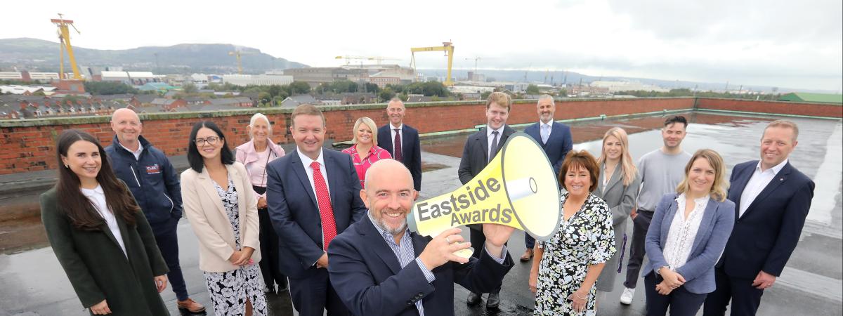 Jonathan McAlpin, Chair of Eastside Awards Committee, is joined by sponsors to shout from the rooftops that the seventh Eastside Awards is now open for entry. Deadline for entries to Eastside Awards which recognises all that is good about East Belfast is 28 October. To enter, please visit www.eastsideawards.org