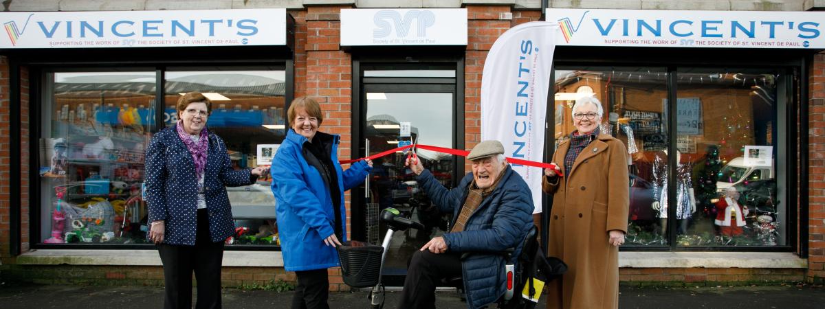 Local man 101 year old Terry Sharp performed the official opening of Vincent’s Springfield Road. He’s pictured with SVP Regional Board Member Anne Irwin, SVP Regional President Mary Waide, and SVP Regional Retail Committee Chair Anne McLarnon. www.svp.ie