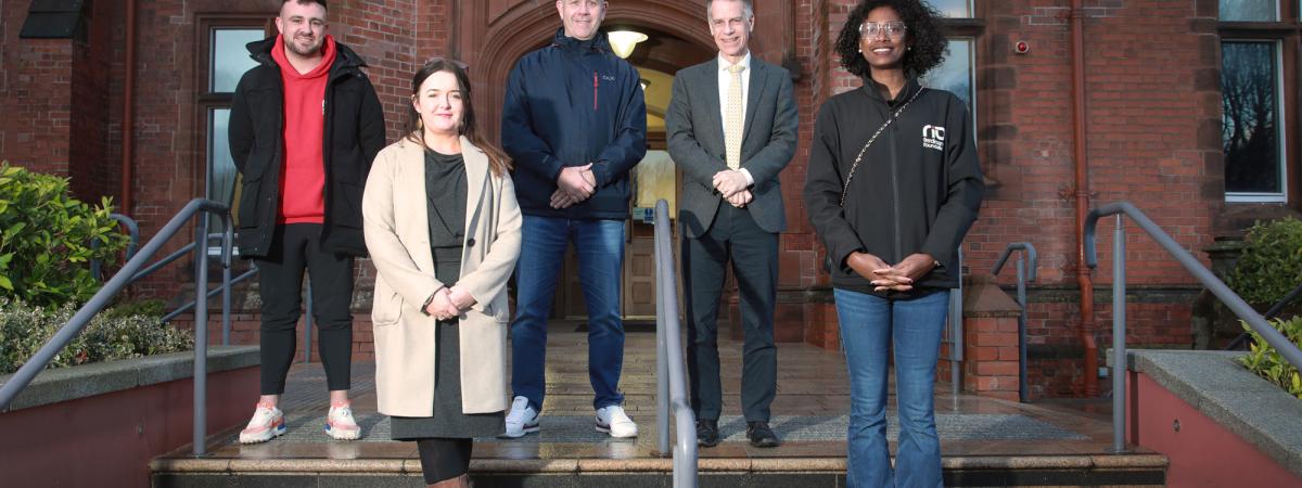 L-R: Dan Gorman, Youth Worker at Rio Ferdinand Foundation (RFF), Ursula Toner, Choice Regional Head of Tenant & Client Services are pictured with Gary Stannett, CEO - RFF, Choice Group Chief Executive, Michael McDonnell and NI Project Co-Ordinator for RFF Karla McDermott.