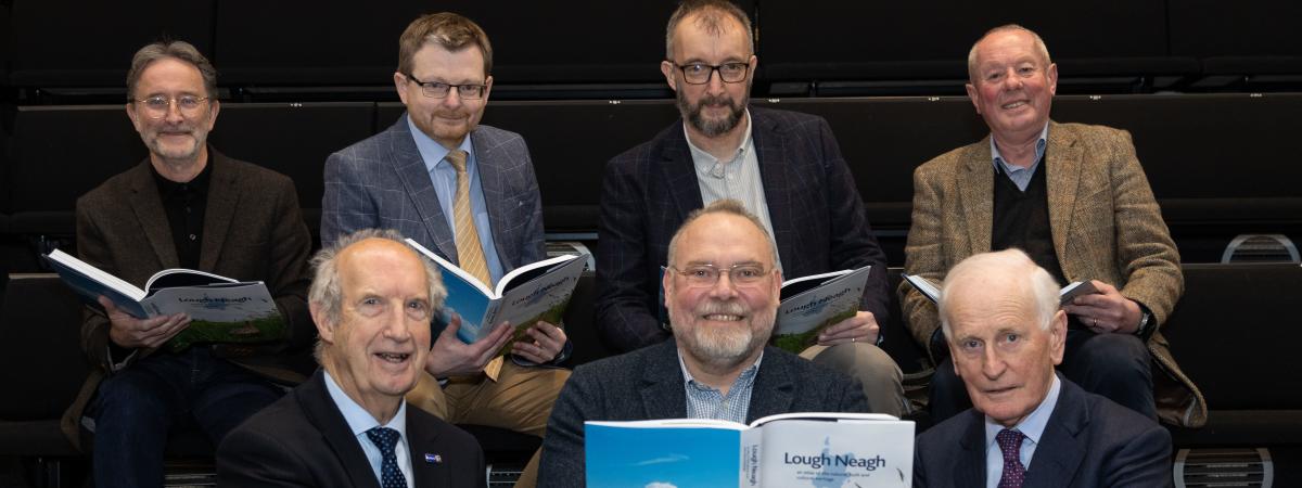Jim McGreevy, The National Lottery Heritage Fund; William Roulston of The Ulster Historical Foundation; William Burke and Liam Campbell, Joint Editors of the newly launched Lough Neagh Atlas; Arnold Hatch and Gerry Darby of Lough Neagh Partnership; and Sir Denis Desmond of The Ulster Historical Foundation, at the launch of Lough Neagh Atlas, Lough Neagh: An Atlas of the Natural, Built and Cultural Heritage. www.loughneaghpartnership.org