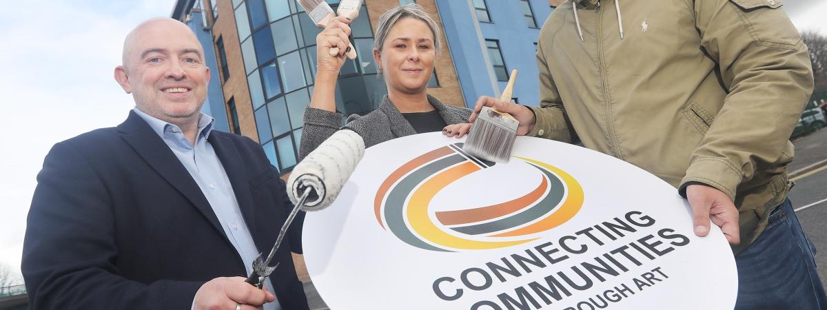 Jonathan McAlpin and Lauren Shaw of East Belfast Enterprise are joined by artist Dee Craig of Belfast Mural Arts, to launch the Connecting Communities Through Art project bringing together the local community to create murals for City East, at the gateway to East Belfast. 