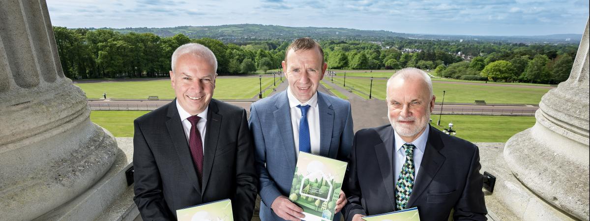 Launching the Forum for a Better Housing Market NI report, New Foundations: The route to low carbon homes, is Jim McCooe, Lloyds Banking Group Ambassador for Northern Ireland; Professor Martin Haran of Ulster University; and David Little, Chair of the Forum for a Better Housing Market NI.