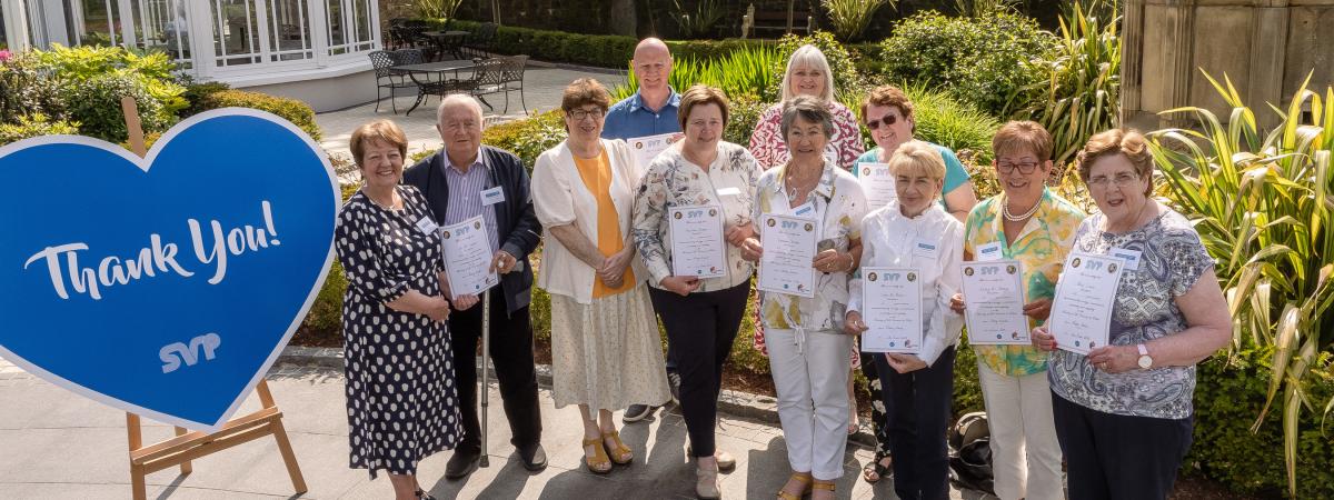 SVP members were congratulated for reaching a volunteering milestone for the Society Pictured are: Mary Waide SVP Regional President, Pat McCann from North Belfast, Rose McGowan SVP National President, Martin Mailey from Limavady, Majella Savage from Kilmegan, Rosemary Devlin from Coleraine, Veronica Archer from Whiteabbey, Anne Cunningham from Kilmegan, Irene McBride and Sally MacNamee from Omagh and Anne Irwin from Coleraine. www.svp.ie