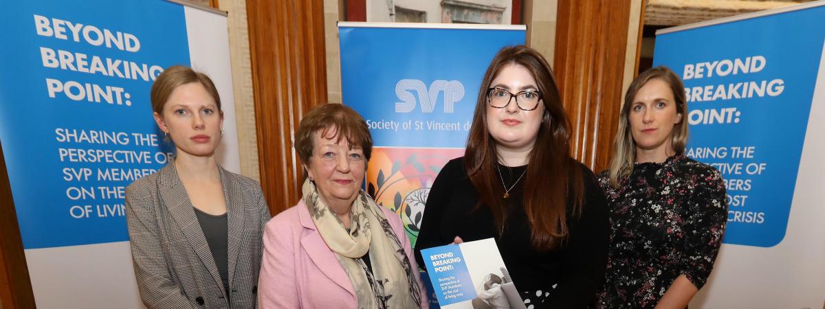 SVP Regional President for the Northern Region, Mary Waide, is joined by Connie Egan MLA, and Issy Petrie and Tricia Keilthy of SVP, at the launch of Beyond Breaking Point: Sharing the perspective of SVP Members on the cost of living crisis, at Stormont. To request help from SVP, please visit www.svpi.ie