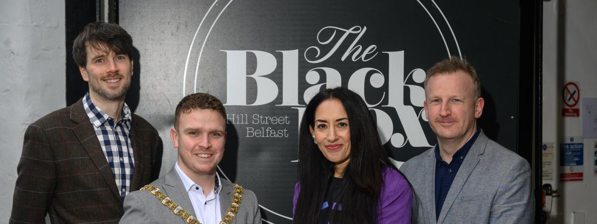 (L-R) Matthew Malcolm, Creative Industries Development Officer Arts Council of Northern Ireland, Lord Mayor of Belfast Councillor Ryan Murphy, Deepa Mann-Kler, director and curator for Belfast XR Festival and  David McConnell, Head of Education Northern Ireland Screen