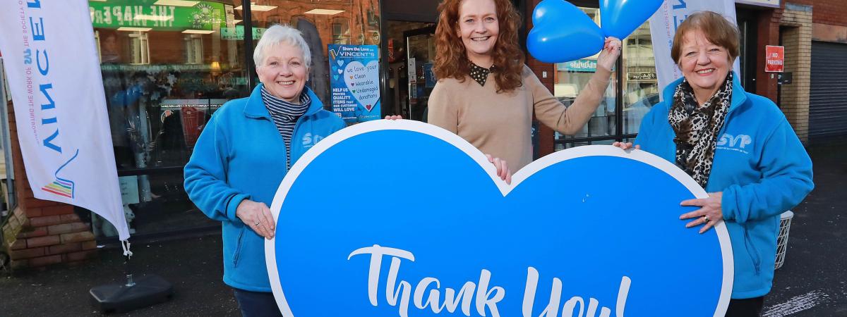 Anne Crossan: Anne Crossan (centre), SVP Regional Retail Manager, joins Anne McLarnon (left), SVP Northern Region Retail Committee Chair, and Mary Waide (right), SVP Regional President, at the launch of Vincent’s Share the Love campaign. www.svp.ie   