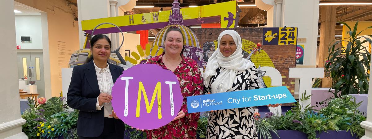 From left Rupa Jain (Founder of Rupa Jain), delivery agent Katie Matthews (Mind Tribe UK), Maha Abdelmonim Mohammed Ali (Volunteer Translator with British Red Cross)