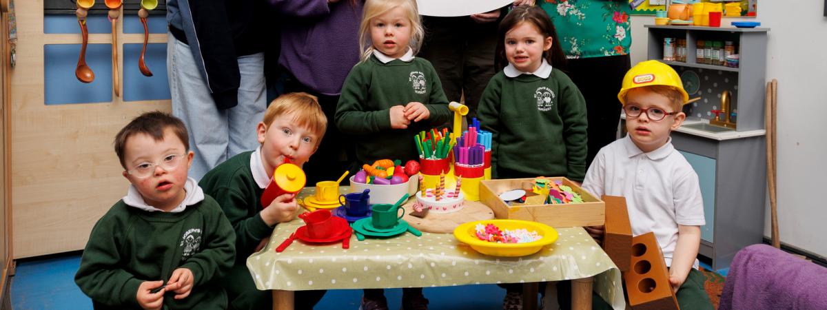 Pictured (L-R) is St Joseph’s Nursery School teachers Miss Reilly and Miss Donnelly and Power NI representatives Myles Grant and Claire McElroy.