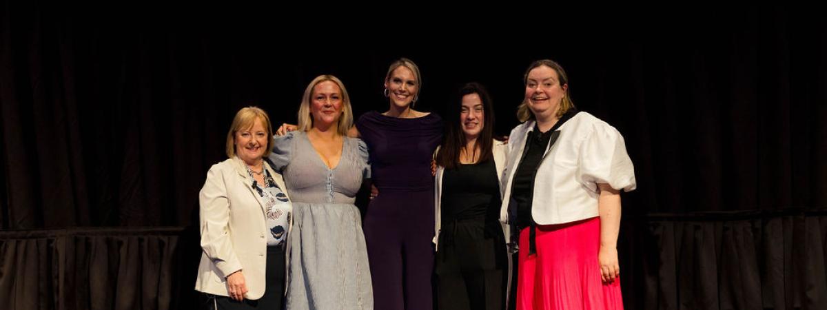 Elaine Patterson (Innovation and Entrepreneurship Programme Manager at InterTradeIreland), with TechFoundHer Breakthrough Award winners Victoria Finlay, (founder of MenoPal), Shelley Cowan (founder of Travel Ease), Claire Brannigan (founder of Skinakin) and Máirín Murray (founder of TechFoundHer) at the TechFoundHer Summit 2025.