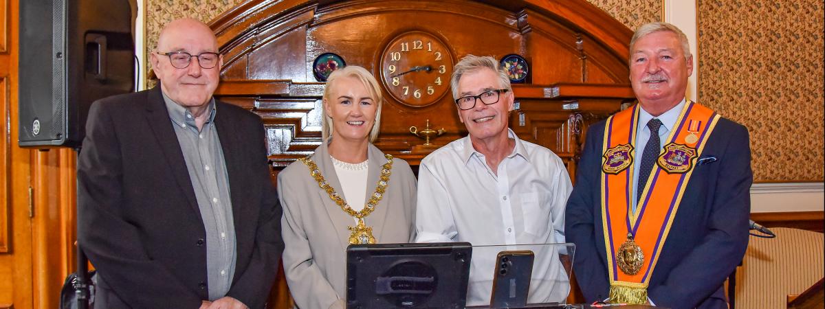 From left Belfast County Grand Master and Orangefest director Spencer Beattie, Lord Mayor Tracy Kelly, musician and songwriter James Gouldie and Orangefest director William Hughes