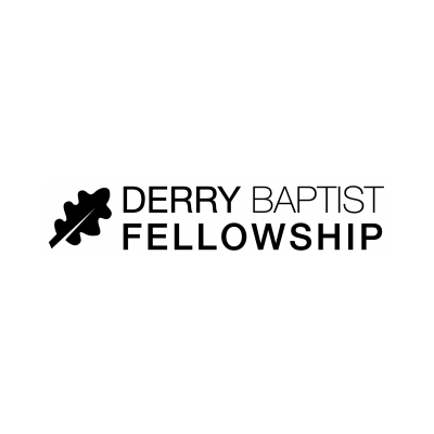 Black oak leaf to left words Derry Baptist Fellowship in black
