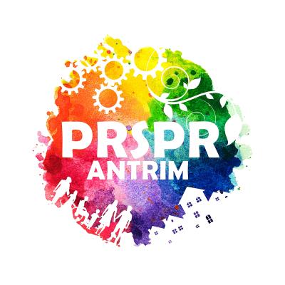 A brightly coloured messy circle with the words prosper antrim, with people representing civic stewardship, cogs for development, leaves for the environment and houses for communities