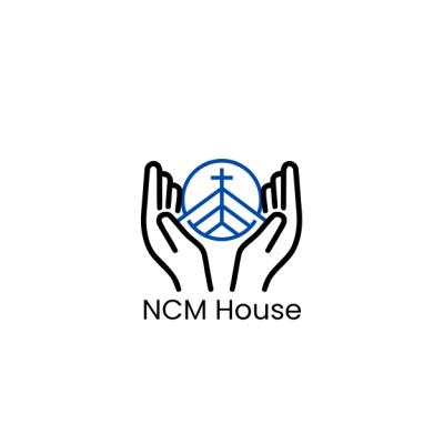 NCM House Logo featuring the name of the charity under an image of hands holding up a circle with a building roof with cross on top inside.