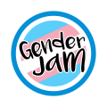 The GenderJam Logo - blue outline of a circle, with the trans colours (blue, pink, white, pink, blue) striped across the middle. The text "GenderJam" is overlaid on these colours in a funky black font.