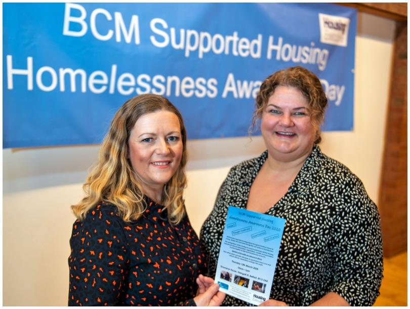 Pictured launching the event are Claire Crainey, team lead for the NIHE’s Homelessness Prevention fund (left) and Lois Payam, Head of Residential Services at BCM
