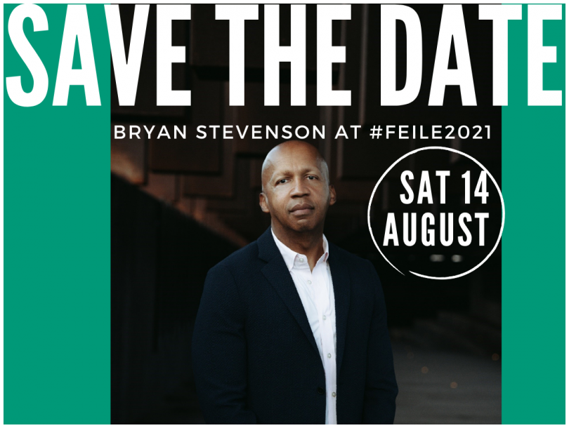 Image shows Bryan Stevenson facing the camera, with Save the Date text written in white across the top of the image. The event takes place on 14 August at 20.00 and this information is also included in the image.