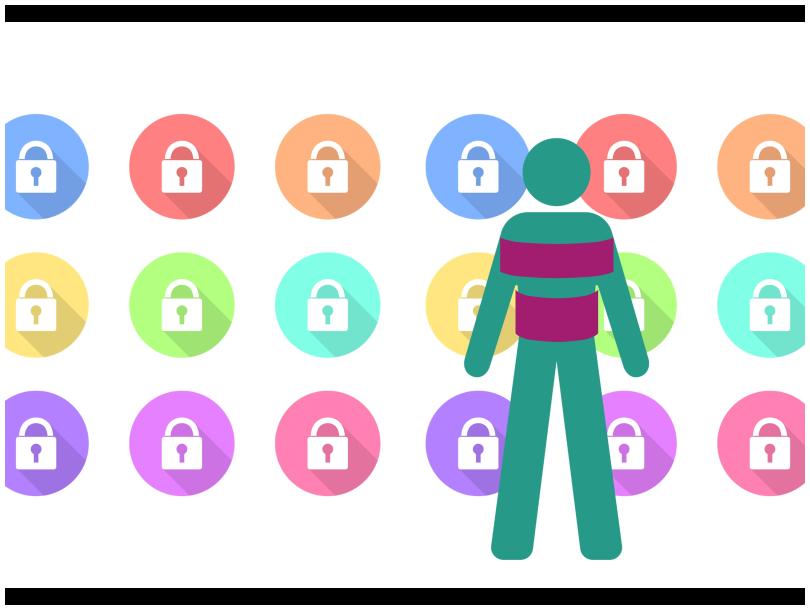 Image of stick person standing in front of padlocks in different coloured circles