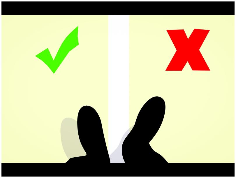 Illustration of a pair of feet standing either side of a white border with a choice of a green tick or a red X