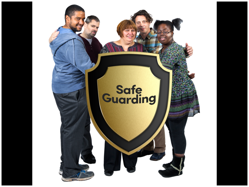Men and women standing behind a shield that is labelled Safeguarding