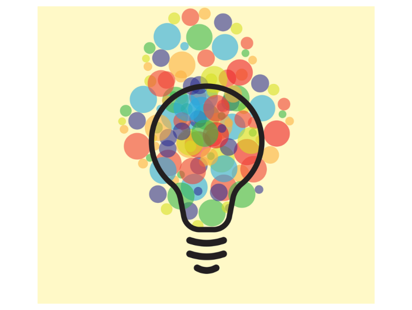 Illustration of the outline of a light bulb with different sizes of circles or bubbles with are in various colours behind the outline