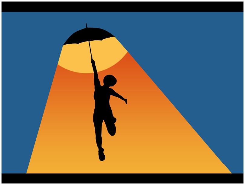 Illustration of a person jumping with umbrella. Bright coloured sunshine light is coming from inside the umbrella, silhouetting the person